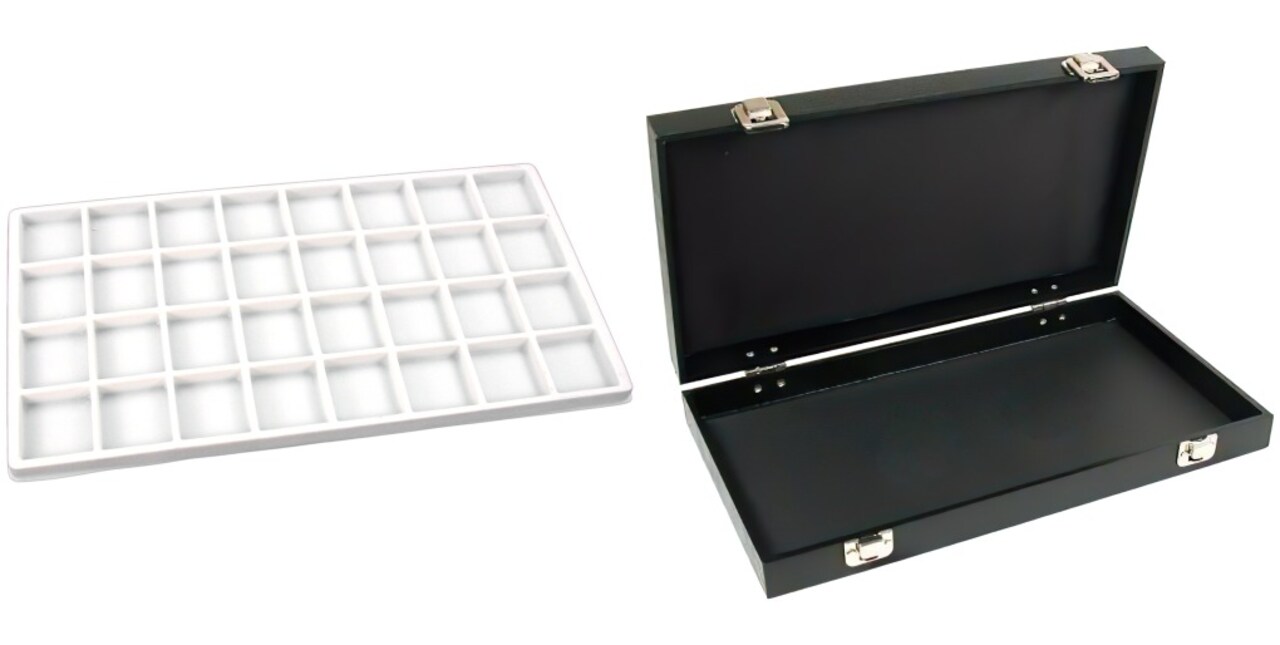 Black Jewelry Case (2xMetal Clasps &Removable Lid) w/ White 32-slot Plastic Tray